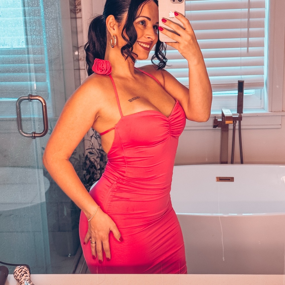 Pink and Orange Ruched Halter Midi Dress